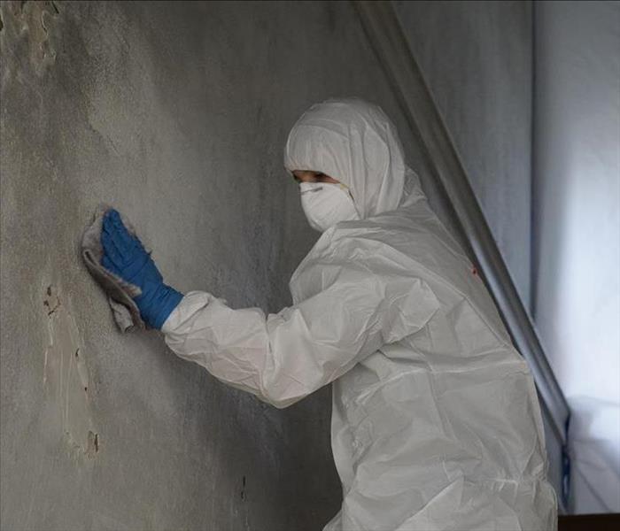 A staff member cleaning a wall in PPE