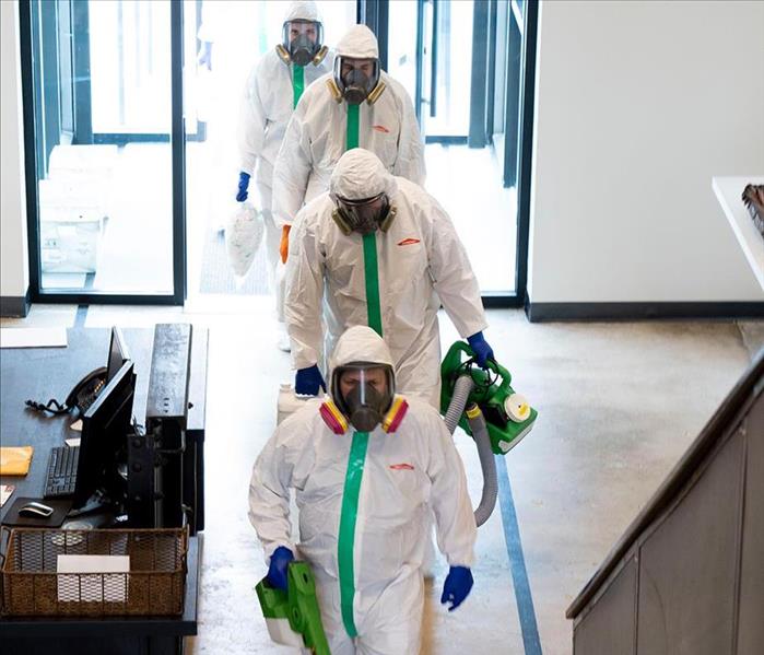 workers in cleaning gear doing a job